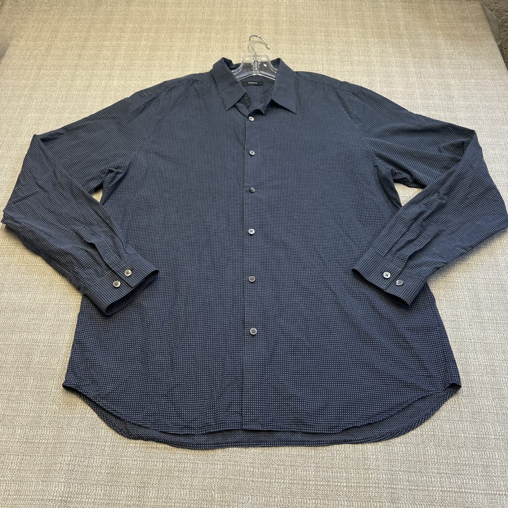 Theory Shirt Mens XL‎ Navy Blue Micro Print Long Sleeve Button Down Quiet Luxury